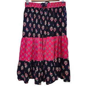 Sacred Threads Tiered Midi Skirt L/XL Black Red Floral Boho Rayon Patchwork 70s